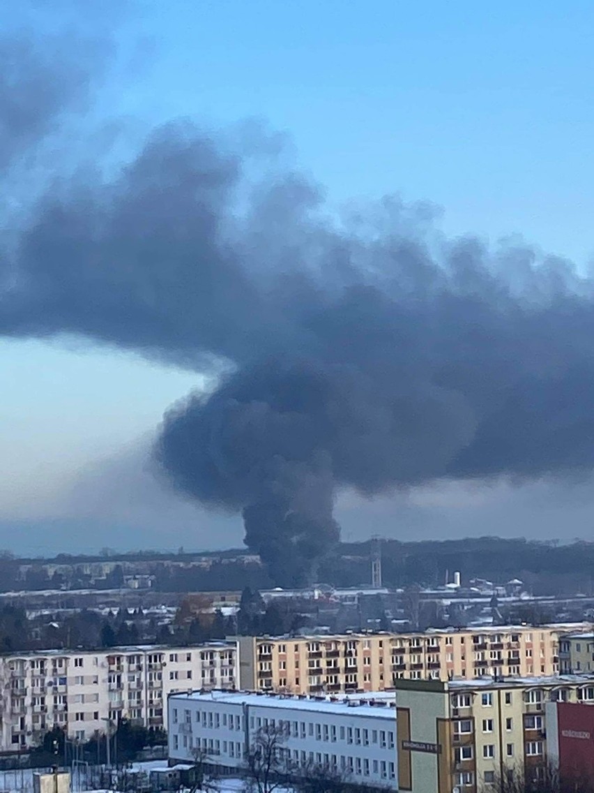 Pożar w hali demontażu na złomowisku w Gdańsku-Letnicy 1.02.2021. Na miejsce wysłano 10 zastępów straży pożarnej. W ogniu samochody i wózki