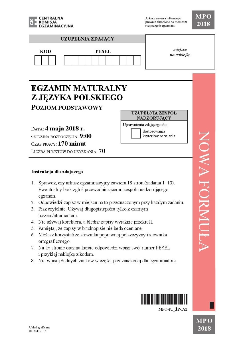 MATURA 2018: JĘZYK POLSKI [ARKUSZE CKE, TEMATY, POZIOM PODSTAWOWY]