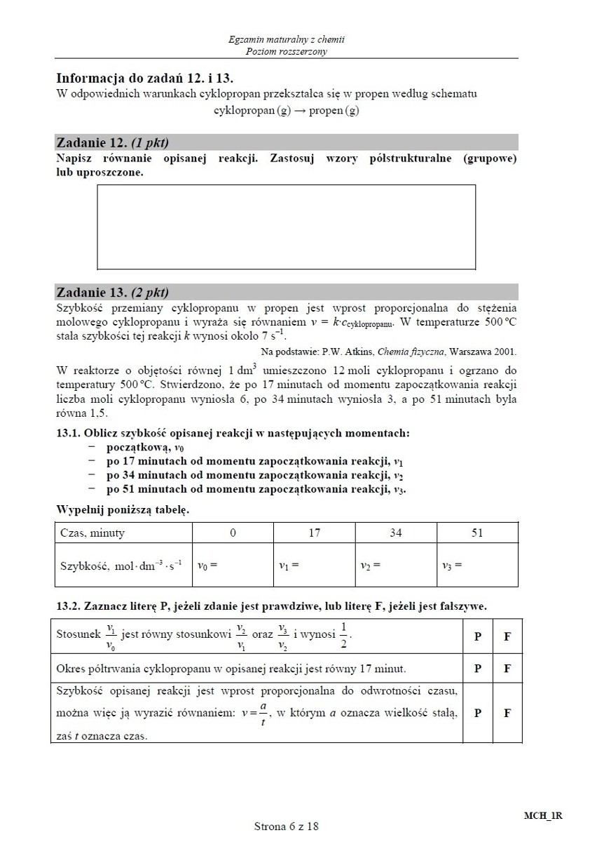 Matura 2015 chemia dla technikum - stara matura, poziom rozszerzony ARKUSZ CKE, ODPOWIEDZI