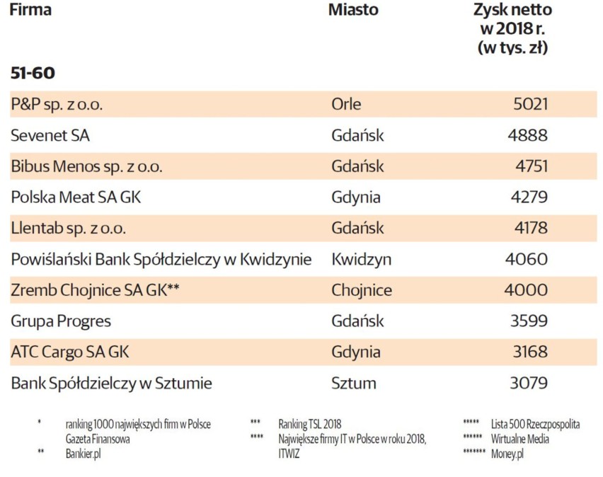 Pomorskie firmy według zysków netto w 2018 roku