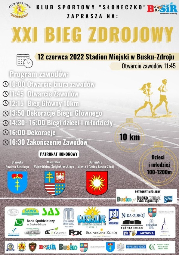 W Busku-Zdroju 12 czerwca odbędzie się XXI Bieg Zdrojowy. Zaprasza Klub Sportowy "Słoneczko"