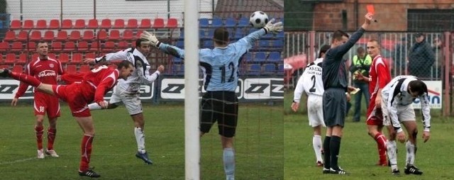 Tak padł gol dla Stali Stalowa Wola z Dolcanem w Ząbkach, po strzale Igora Migalewskeigo (trzeci od lewej na lewej fotografii). W 88 minucie czerwoną kartką ukarany został obrońca Stali Krystian Lebioda (z prawej na prawej fotografii).