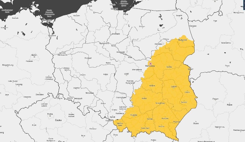 Mapa ostrzeżeń IMGW dla Polski.