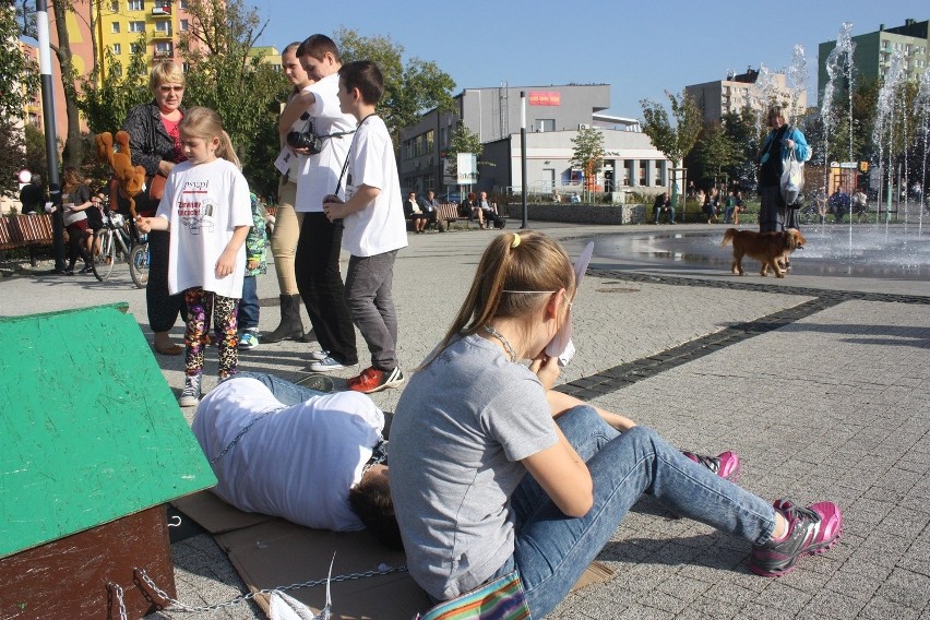 Ludzie w budzie i przykuci łańcuchem to happening akcji...