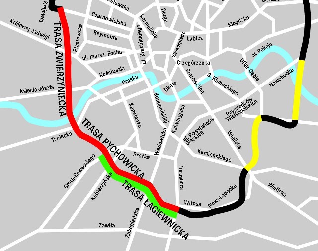 Kolor zielony - Trasa Łagiewnicka. Kolor czerwony - cały brakujący odcinek obwodnicy po stronie południowo-zachodniej wraz z trasami Pychowicką i Zwierzyniecką. Kolor czarny - istniejące trasy. Kolor żółty - inne brakujące trasy