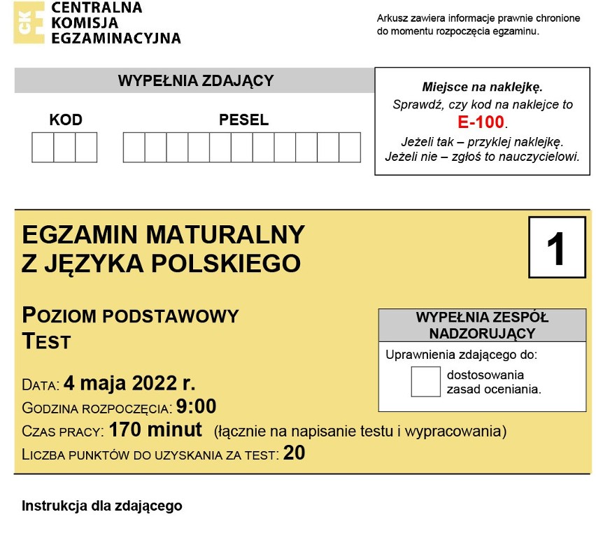 Matura 2022: język polski, poziom podstawowy. ARKUSZ CKE