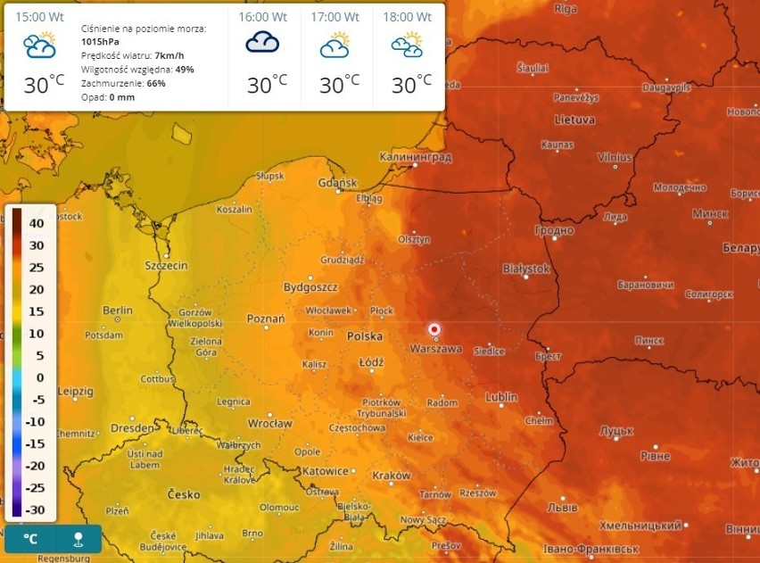 Tak ma być we wtorek po południu - widać upalną strefę na...