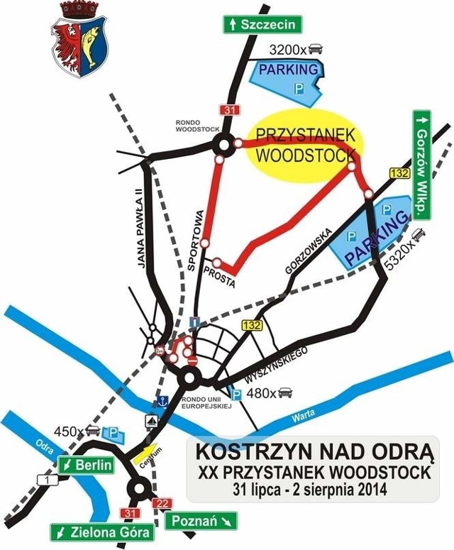 Tak będzie wyglądała organizacja ruchu w mieście na czas Przystanku Woodstock 2014. Na mapie zaznaczono również parkingi.