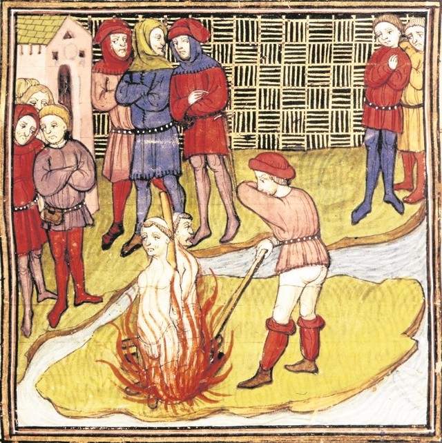 Spalenie Jakuba de Molay na Ile-des-Javiaux (miniatura z XIV w.)