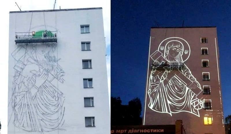 Mural powstaje na jednym z bloków w Kijowie.