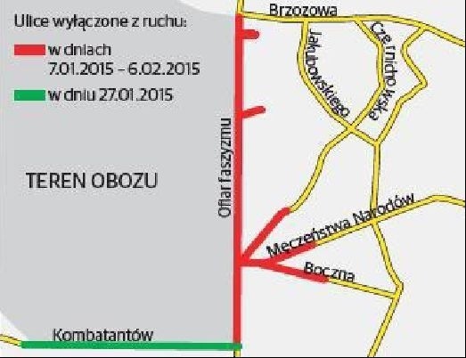 Zaznaczone na czerwono odcinki ulic od środy są wyłączone z ruchu. Ul. Kombatantów nie będzie czynna 27 stycznia