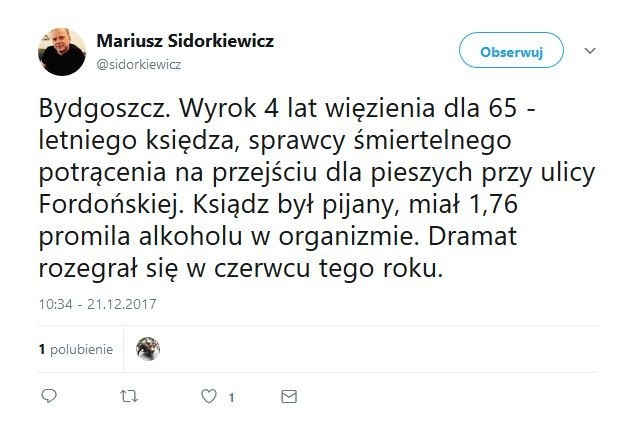 Jest wyrok w sprawie pijanego księdza, który 16 maja br. śmiertelnie potrącił mężczyznę w Forodnie. Duchowny spędzi w więzieniu 4 lata