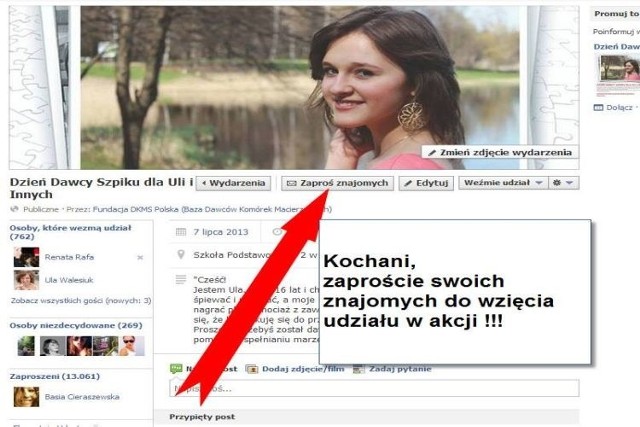 Na facebooku też trwa mobilizacja w sprawie zdobycia dawcy szpiku dla Uli