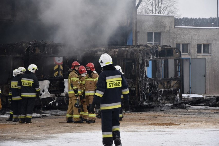 Pożar w hali miejskiej komunikacji w Wejherowie. Spłonęły dwa autobusy. Na miejscu działało 14 zastępów straży pożarnej| [zdjęcia]