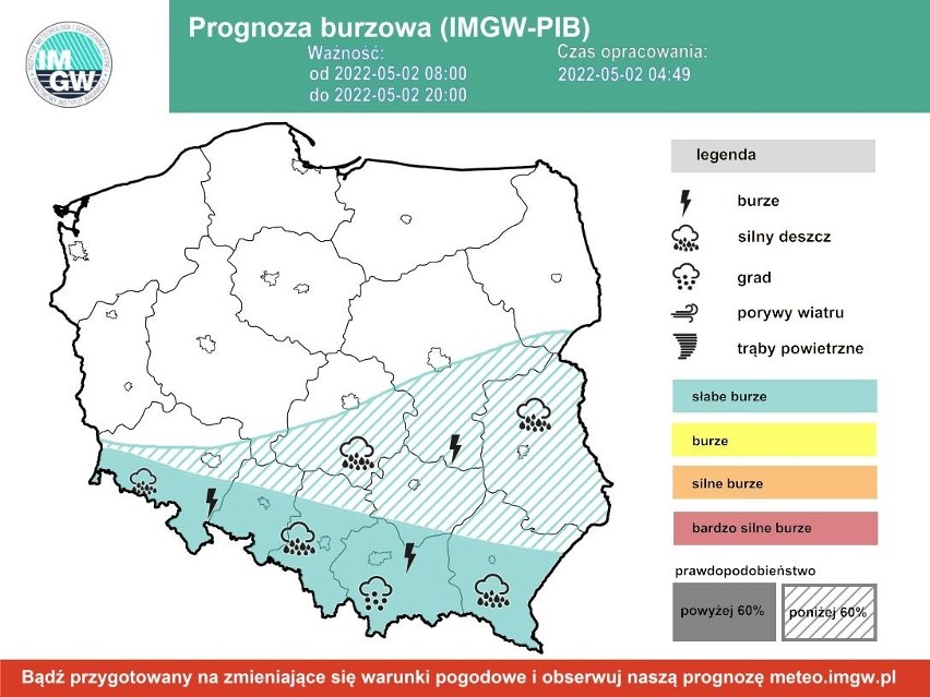Mapa z prognoza burz w Polsce przygotowana przez Instytut...