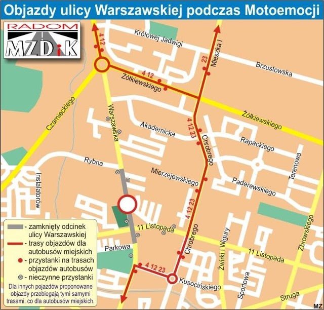 Objazdy ulicy Warszawskiej podczas Motoemocji
