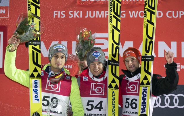 Kamil Stoch, Maciej Kot i Markus Eisenbichler na podium w Lillehammer.