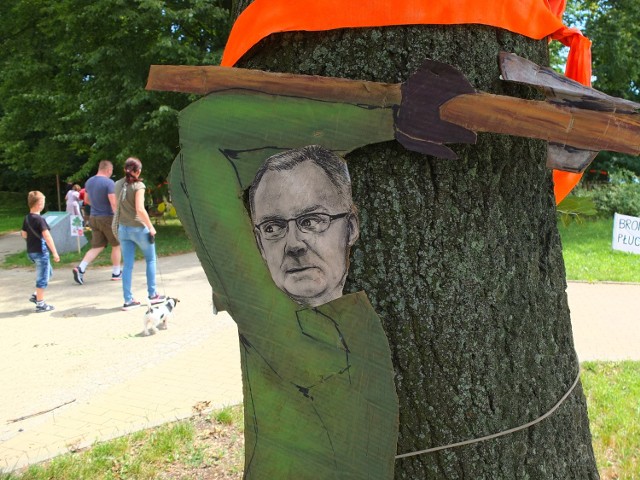 Tekturowe postacie miejskich urzędników powieszono w parku na drzewach, które mają być wycięte podczas budowy trasy. Na zdjęciu postać wiceprezydenta Mirosława Pietruchy.