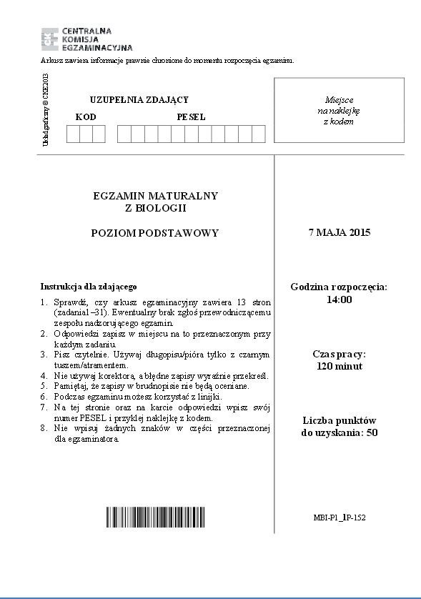 Matura BIOLOGIA 2015 podstawowa [ARKUSZE, ODPOWIEDZI] TECHNIKUM