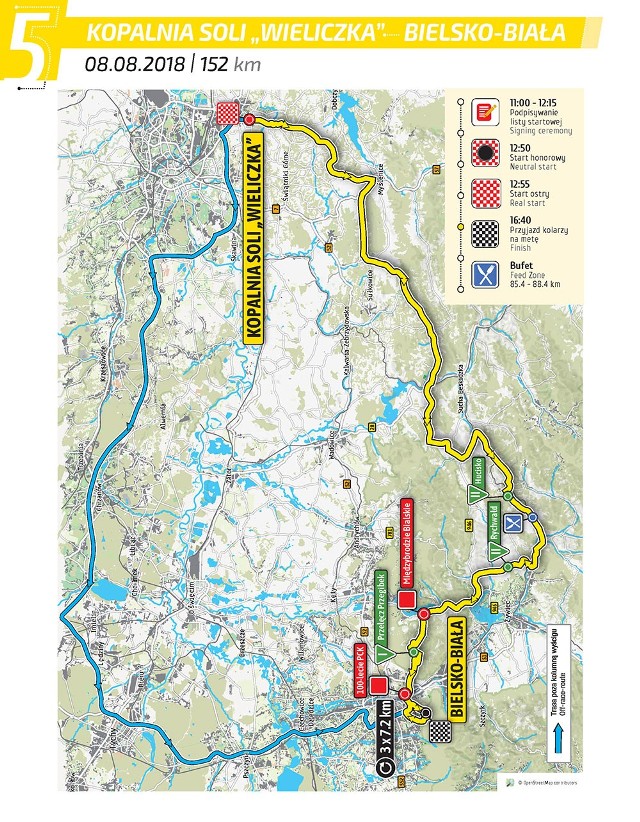 Tour de Pologne 2018: Etap 5 Kopalnia Soli Wieliczka - Bielsko-Biała. 8 sierpnia przypada kolejny górski etap na pewno dostarczy sporej dawki emocji zarówno kibicom, jak i zawodnikom. Kolarze wystartują spod zabytkowej kopalni soli w Wieliczce. Wyścig kończy się w Bielsku-Białej. ZOBACZ Tour de Pologne 2018: Etap 5 Kopalnia Soli Wieliczka - Bielsko-Biała TRASA + MAPY + UTRUDNIENIA