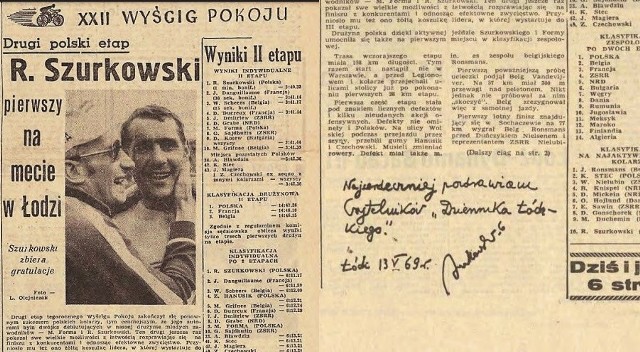 13 maja 1969  w Łodzi Ryszard Szurkowski wygrał swój pierwszy w karierze etap Wyścigu Pokoju. Na zdjęciu pamiątkowa strona w "Dzienniku Łódzkim" z życzeniami dla Czytelników od samego kolarskiego mistrza.