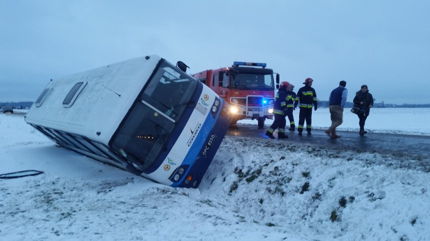 Orkan Fryderyka. Wiatr zdmuchiwał auta z drogi - autobus i osobówka w rowie na drodze pod Strzelcami Opolskimi