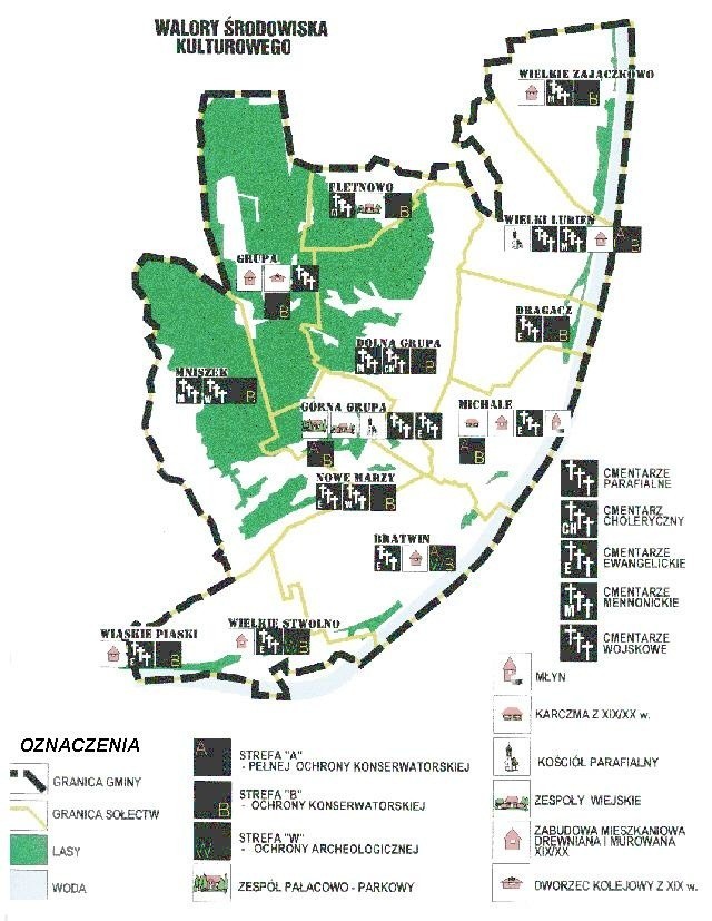 Mapa gminy Dragacz z zaznaczonymi najwazniejszymi zabytkami...