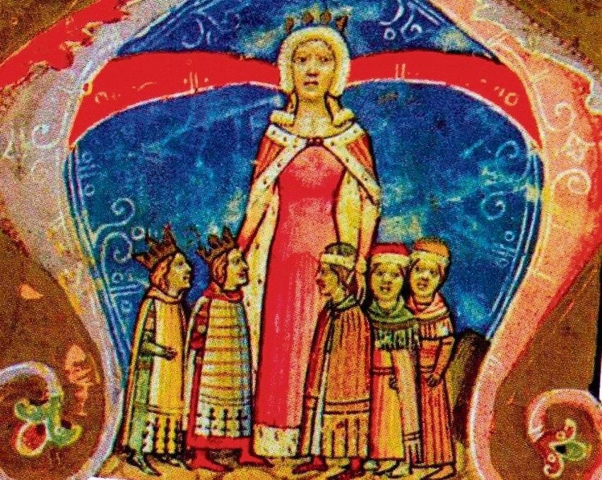 Elżbieta Łokietkówna z dziećmi, miniatura z XV w.
