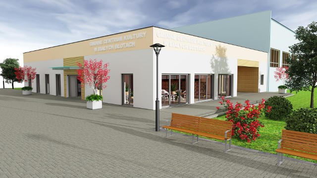 Tak na wizualizacji prezentuje się budynek, w kt&oacute;rym mieścić się będzie nowa siedziba Gminnego Centrum Kultury w Białych Błotach. Inwestycja ma być gotowa do końca maja 2022 r.