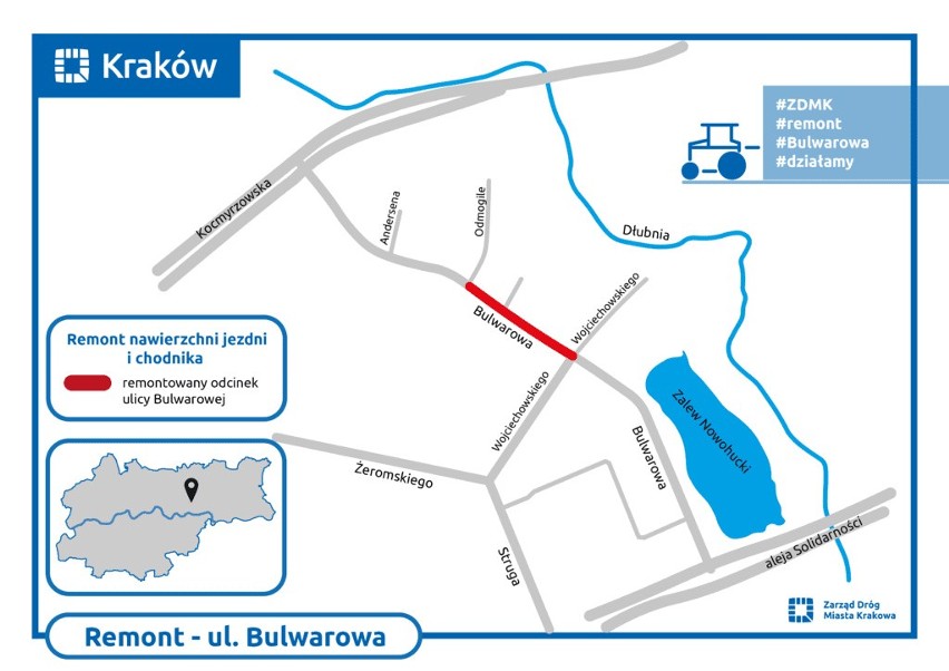 Kraków. Od 10 marca br. remont kolejnego fragmentu ul. Bulwarowej 