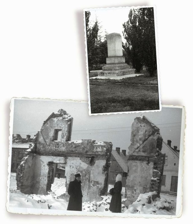 Sienny Rynek w listopadzie 1942 r.  W tle zabudowa ul. Młynowej. Cokół po pomniku poległych żołnierzy 42 pułku piechoty.