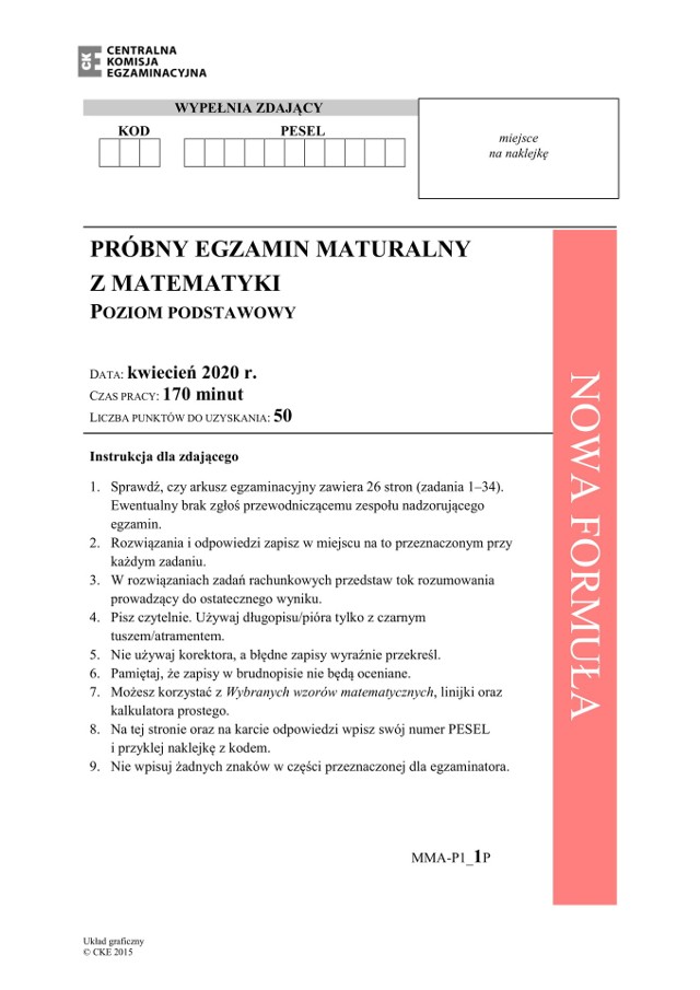 Matura próbna CKE 2020 - matematyka podstawowa