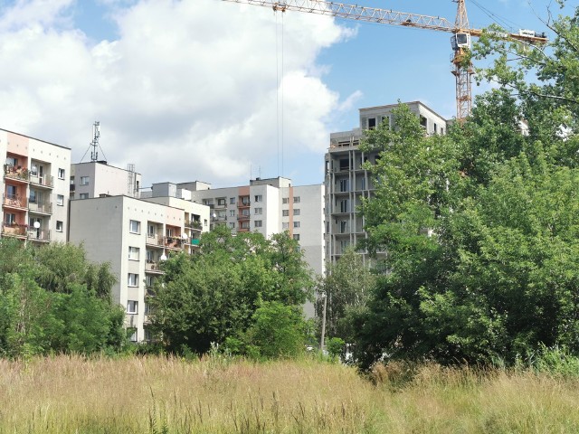 Tak obecnie wygląda teren w pobliżu Wiertniczej i Leopolda. Przy osiedlu z lat 80. powstaje nowy apartamentowiec Słoneczne Tarasy