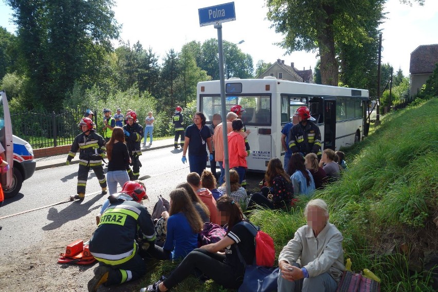 Wypadek w Zarębie pod Lubaniem. Autobus wjechał w drzewo, 22 osoby ranne 