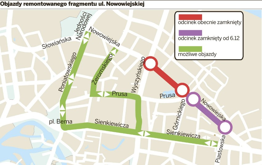 Zamknęli ulicę Nowowiejską. Samochody nie wjadą, a piesi idą jak przez labirytnt (ZDJĘCIA, MAPA)