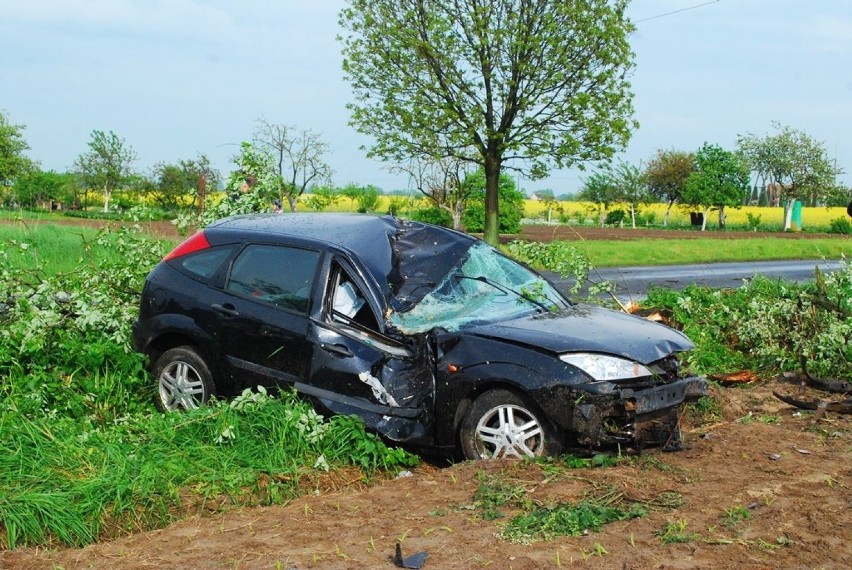 Wypadek w Kamieniu: Ford wypadł z drogi i uderzył w drzewo