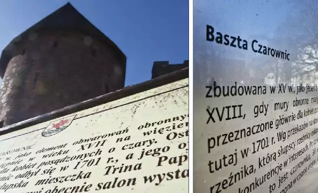 Dwie tablice informujące o historii Baszty Czarownic z dwoma różnymi datami przebudowy obiektu na więzienie dla kobiet posądzonych o czary. Ta miejska zawiera prawdziwe informacje. Unijna informuje, że więzienie powstało tam sto lat później niż w rzeczywistości. 