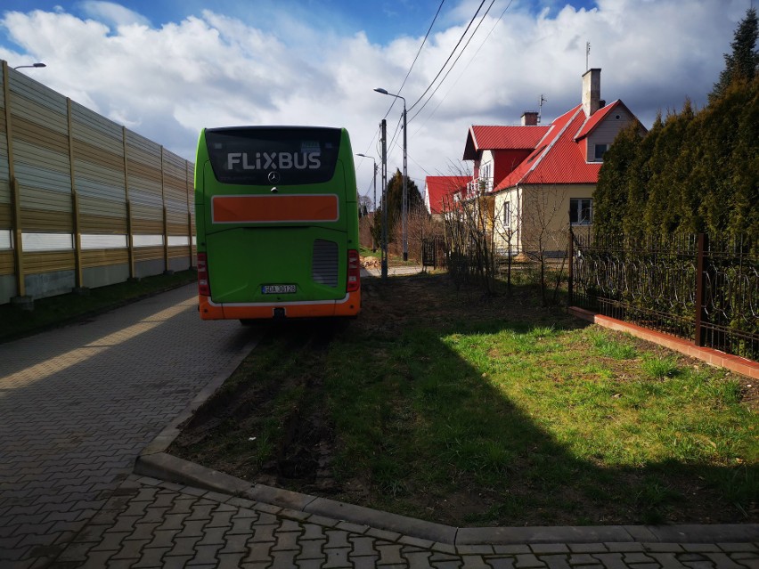 Kierowca FlixBusa zaparkował tak źle, że zniszczył trawnik