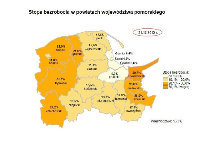 Bezrobocie na Pomorzu na koniec roku wzrosłoStopa bezrobocia w powiatach województwa pomorskiego.