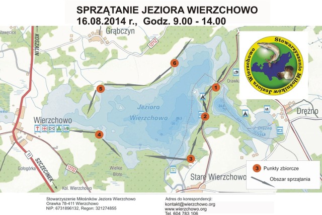 Mapka okolic jeziora Wierzchowo z zaznaczonymi punktami zbiórki osób chcących posprzątać po turystach.