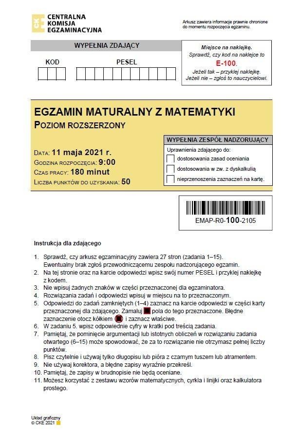 Matura 2021: Matematyka - poziom rozszerzony. ARKUSZE CKE, PYTANIA, ODPOWIEDZI, ROZWIĄZANIA. Co było na egzaminie z matematyki? [11.05.2021]