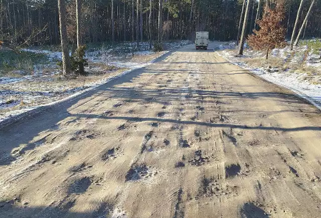 Leśny fragment drogi 272 na odcinku Jeżewo - Piła Młyn ma nawierzchnię gruntową.