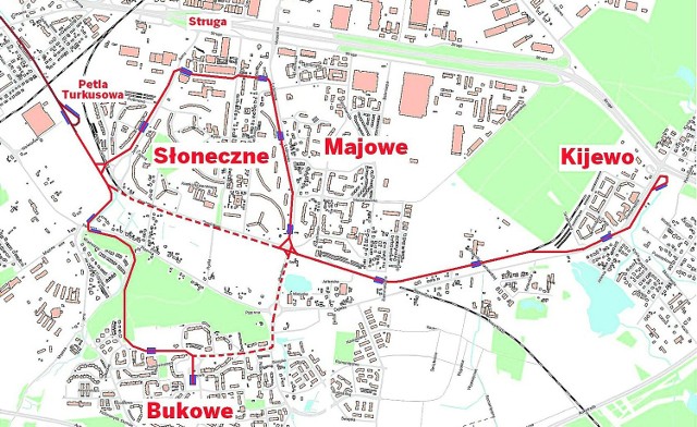 Ta mapa to efekt naszej akcji „Głos na tory”. Tak zdaniem Czytelników, ekspertów i naszym powinna wyglądać sieć linii tramwajowych na Prawobrzeżu (od pętli „Turkusowa” dwie nitki: w kierunku osiedla Bukowe, oraz przez Słoneczne do Kijewa.