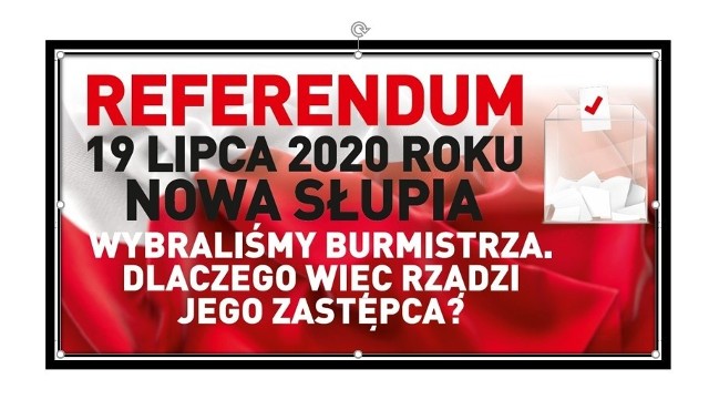 Plakat zachęcający do wzięcia udziału w referendum w sprawie odwołania burmistrza miasta i gminy Nowa Słupia.