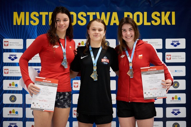 Od lewej: Wiktoria Guść z Delfina Piotrków, Aleksandra Knop z UKS190 Łódź i Klaudia Tarasiewicz (MKP Szczecin)