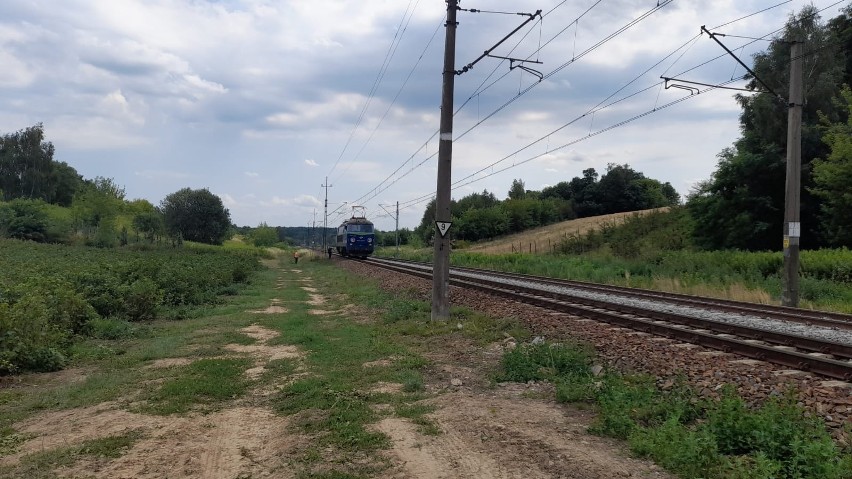 Zderzenie volkswagena z lokomotywą elektryczną na niestrzeżonym przejeździe w gminie Dwikozy. Kierowca ranny