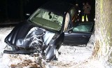 Wypadek w Dąbrowie. Jaguar uderzył w drzewo