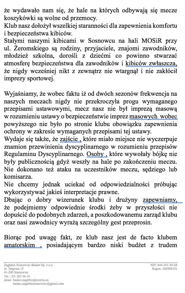 Zagłębie Sosnowiec - Pogoń Ruda Śląska: Bandyci wtargnęli na mecz koszykówki. Zaatakowali kibiców z Rudy Śląskiej. Zagłębie wydało komunikat