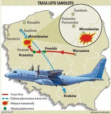 CASA C-295 miała przelecieć z Warszawy do Krakowa okrężną drogą. Lądowała w Powidzu i podpoznańskich Krzesinach. W Mirosławcu doszło do wypadku.