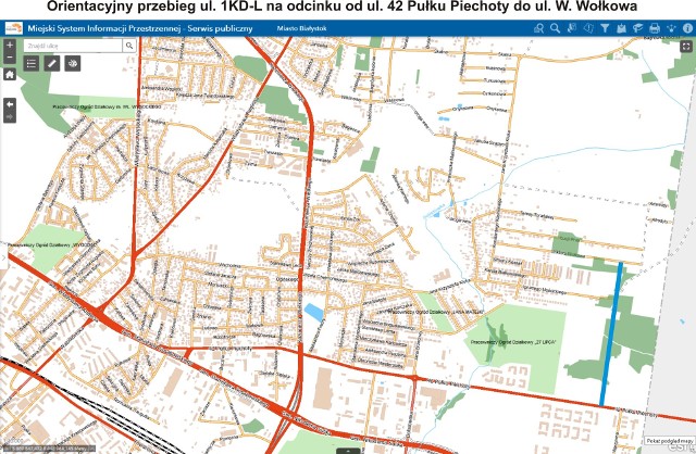 Na niebiesko zaznaczono orientacyjny przebieg ul. 1KD-L na odcinku od ul. 42 Pułku Piechoty do ul. W. Wołkowa w Białymstoku.